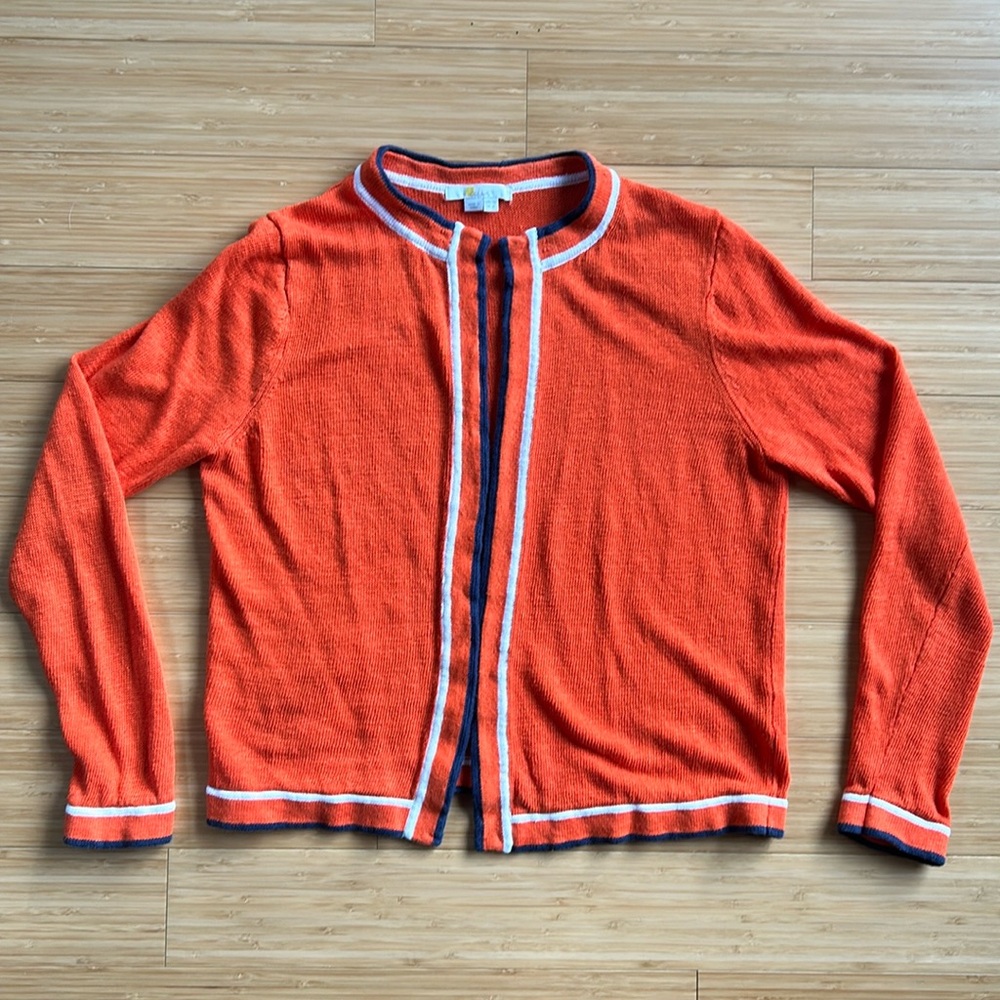 Boden open cardigan, orange, navy and white, size 6